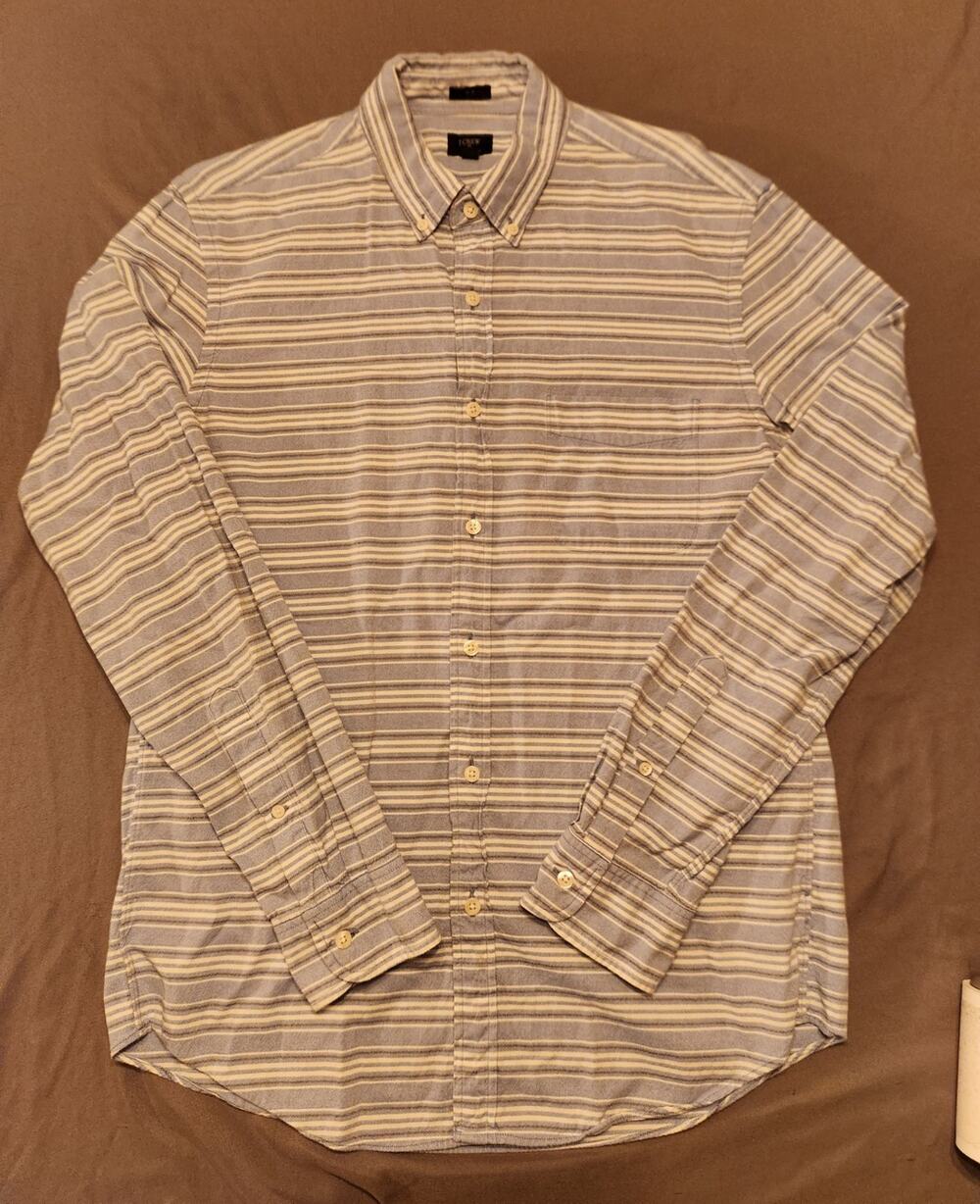 J.CREW Mens L Blue White Striped Cotton Oxford Slim Fit Long Sleeve Button Up